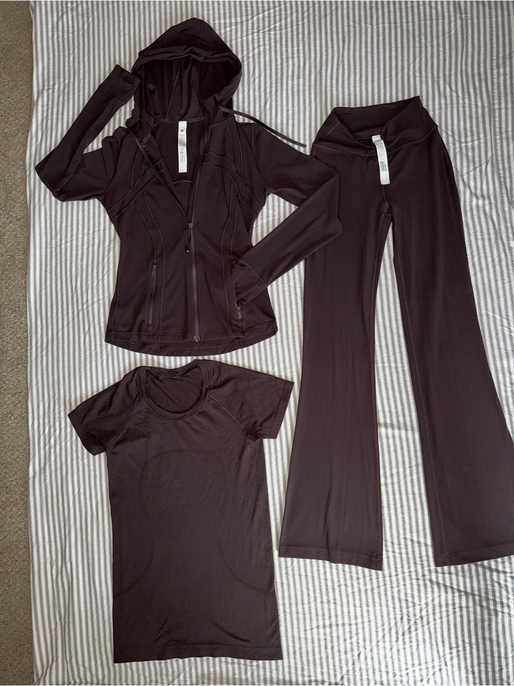 Lululemon 3-Piece Brown Activewear Set Define Hoodie, Flare Pants & Swiftly Tee!